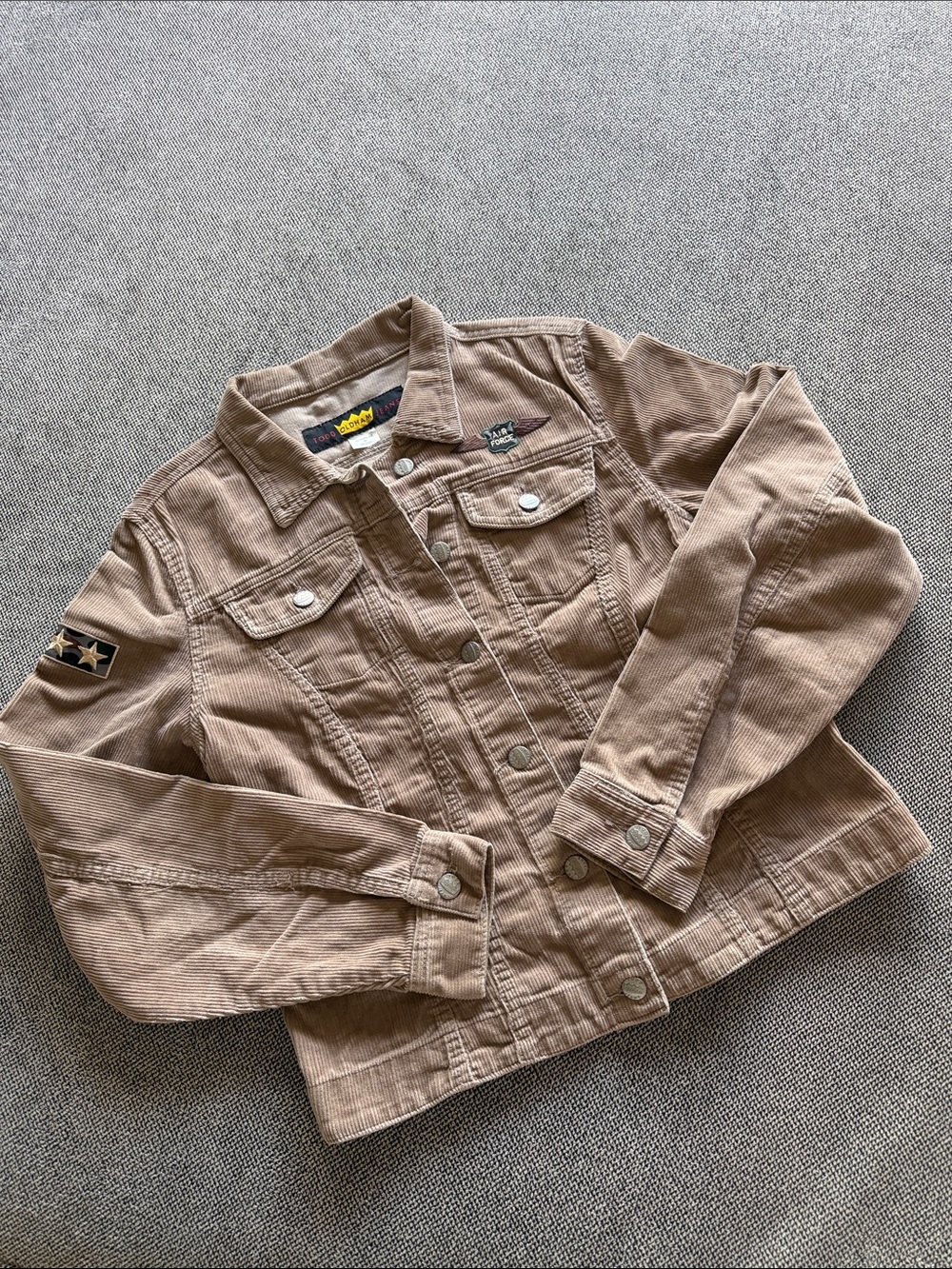 Todd Oldham Beige Corduroy Trucker Jacket Star Sleeve Patch & Air Force Sz Lg